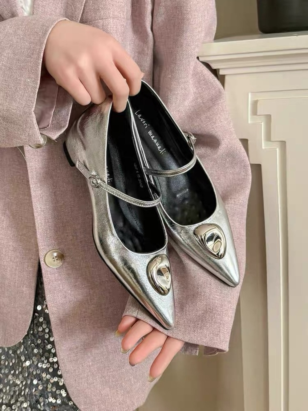 Metallic Silver Pointed Mary Jane Flats with Decorative Accent